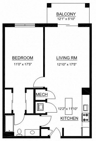 Floor plan for 1 bed, 1 bath, 783 sqft
